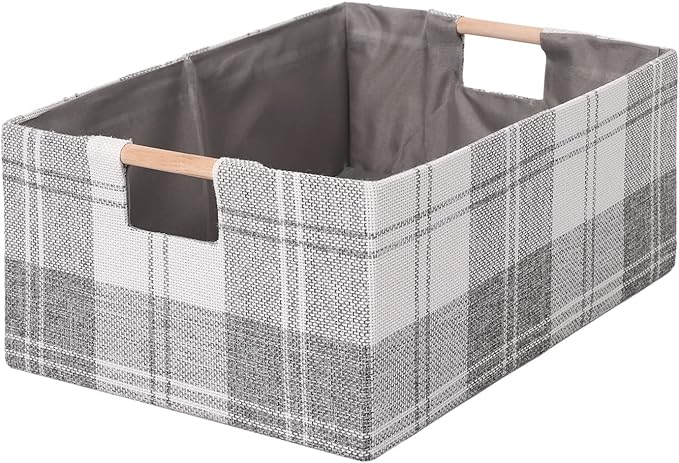 Fabric Storage Bin Box Collapsible Cotton Linen Storage Cube with Wooden Handles Rectangular Decorative Home Organizer Clothes Blanket Basket– Light Gray Plaid, Small