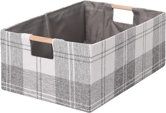 Fabric Storage Bin Box Collapsible Cotton Linen Storage Cube with Wooden Handles Rectangular Decorative Home Organizer Clothes Blanket Basket– Light Gray Plaid, Small