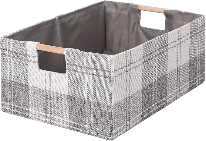 Fabric Storage Bin Box Collapsible Cotton Linen Storage Cube with Wooden Handles Rectangular Decorative Home Organizer Clothes Blanket Basket– Light Gray Plaid, Large