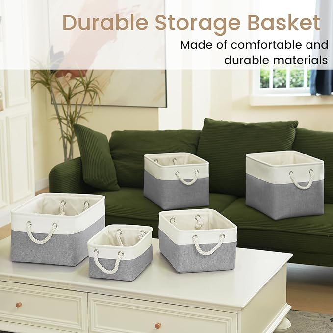 VQRTEXA Large Storage Baskets - 15x11x10 inch Storage Bins for Shelves and Closet Organizing, Foldable Fabric Bin for Home Organization, Clothes and Laundry (6-Pack, White&Gray)