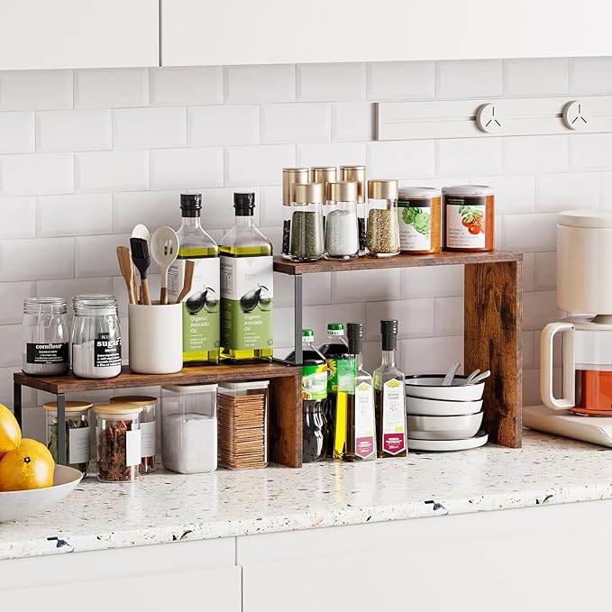 Kitchen Countertop Organizer, Spice Rack Cabinet Organizer Shelf Stackable Counter Corner Shelves Organization and Storage for Pantry, Countertop, Coffee Station Wood Rustic Brown