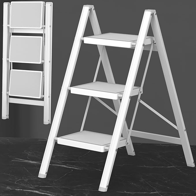 3 Step Ladder, Folding Step Stool with Anti-Slip Wide Pedal, Anti-Slip Feet, Sturdiest Steel Construction, 600lbs Capacity Steel Ladder for Home and Office, White