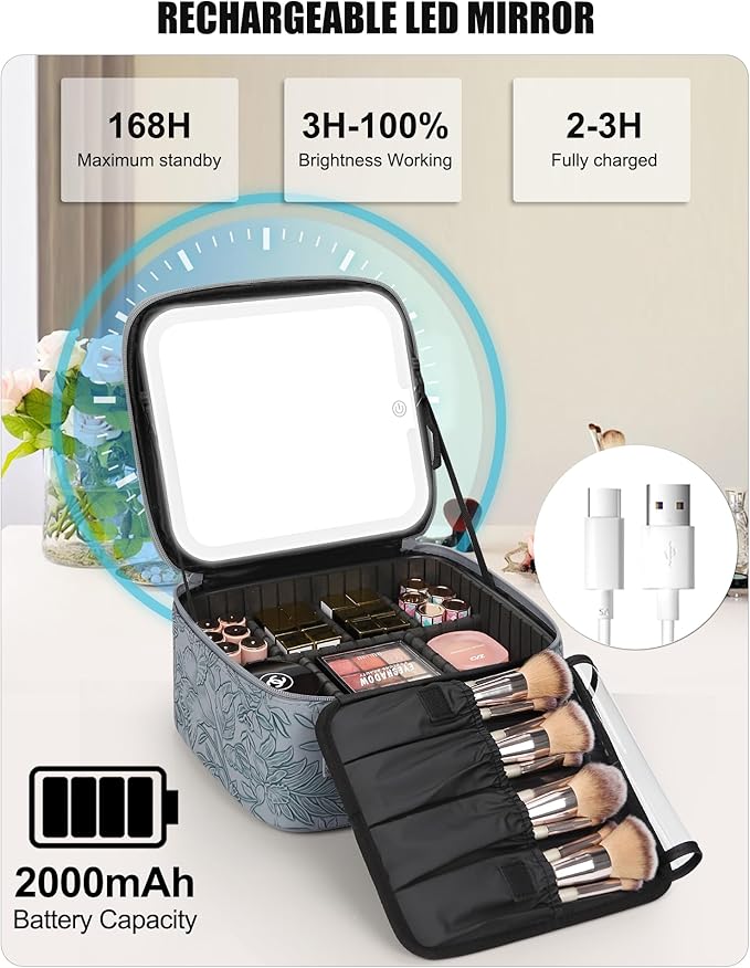 Relavel Travel Makeup Bag With LED Mirror for Women, Cosmetic Organizer Bag with Adjustable Brightness in 3 Color Scenarios, Detachable Dividers, Waterproof Train Case for Daily - Dark Blue Flower