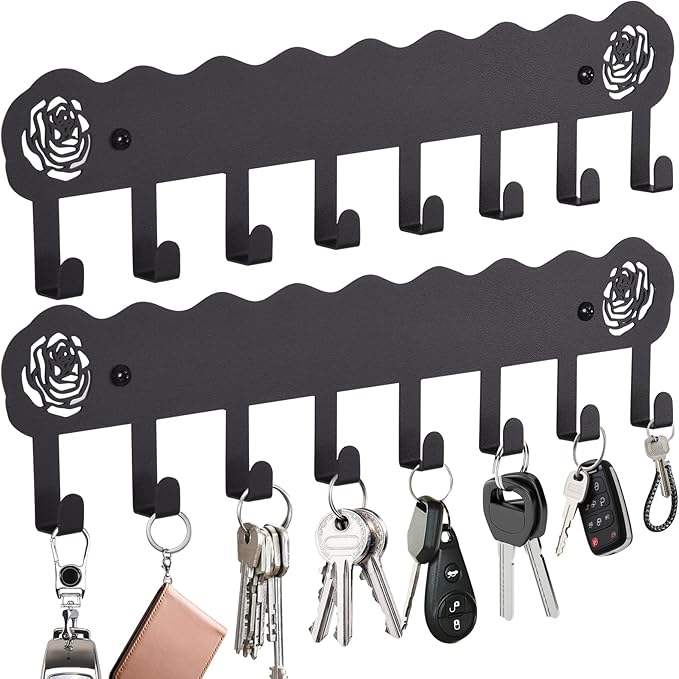 2-Pack Premium Iron Key Holder for Wall – Large Capacity & Multi-Functional, Dual Installation: Wall Mount & Adhesive, 8 Hooks Key Rack for Entryway, Kitchen, Bathroom, Office