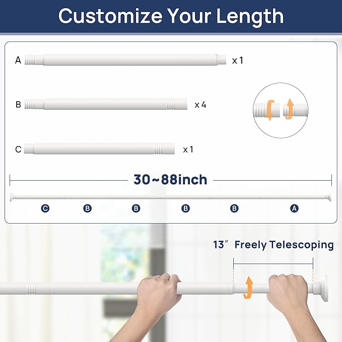ENJOYBASICS Shower Curtain Rod 30 to 88 Inches, Stainless Steel Adjustable Spring Tension Rods No Drill for Bathroom, Closet, Window, Room Divider, Never Rust, Non Slip, White