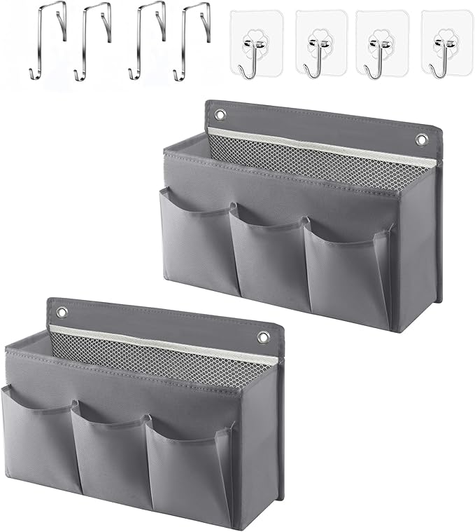 2-Pack Hanging Storage Baskets - Wall Organizer with 3 Pockets for Home/Dorm/Closet/Door, Multi-Purpose Space Saver for Office/Bathroom/Nursery - Foldable Fabric Organizer (Grey)