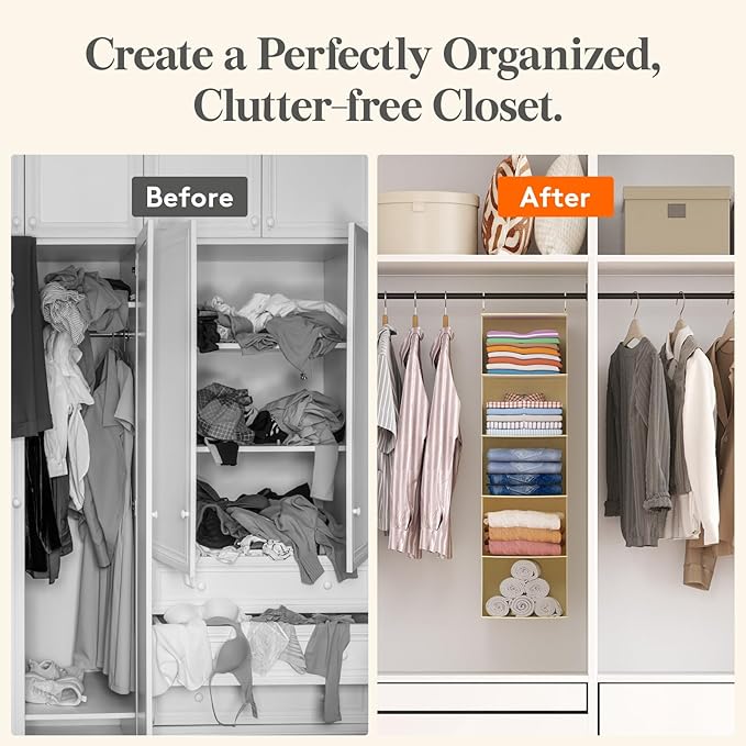 Lifewit 5 Tier Hanging Closet Organizer and Storage for Shelves, Foldable Clothes Storage Shelf with 2 Sturdy Hooks for Clothing Organization, Dorm Room Essentials for Guys, Beige
