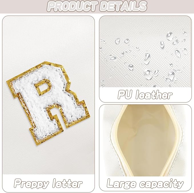 Gifts for Girls Initial Makeup Bag Personalized Cosmetic Bag with Zipper Cute Travel Toiletry Bags Waterproof PU Preppy Makeup Pouch Birthday Gift for Teen Girls Women(White R)