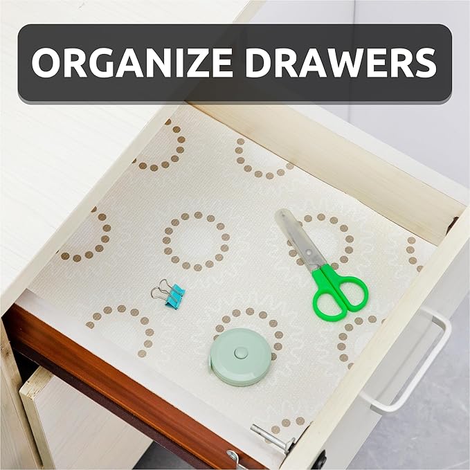 FIFTY FEET 12X120 Inch Shelf Liner for Kitchen Cabinets, PVC Drawer Liner for Dresser Non-Slip Bathroom, Non-Adhesive Cabinet Liner Washable (Beige Circle)(2 Roll)