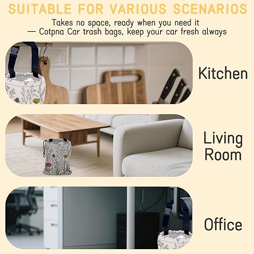 Wild Herb Flower Car Garbage Bag,Vintage Botanical Flowers Small Car Trash Bag Hanging Back of Seat,Drawstring Car Trash Bag with Adjustable Buckle,Car Accessories for Camping Travelling