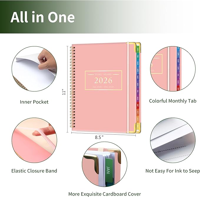 Planner -2026, Hardcover Weekly & Monthly Calendar Planner, January 2026 - December 2026, 8.5" x 11", Daily Agenda Book with Colorful Tabs, College Organizer Notebook, School & Work Supplies for Student Teacher Classroom