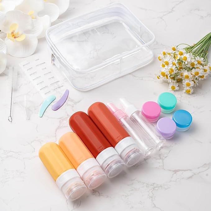 MODENGKONGJIAN 16 Pack Travel Bottles for Toiletries, TSA Approved Silicone Squeezable Travel Shampoo Bottles, 3oz Leak Proof Refillable Toiletry Cosmetic Containers (16PCS/Brown)