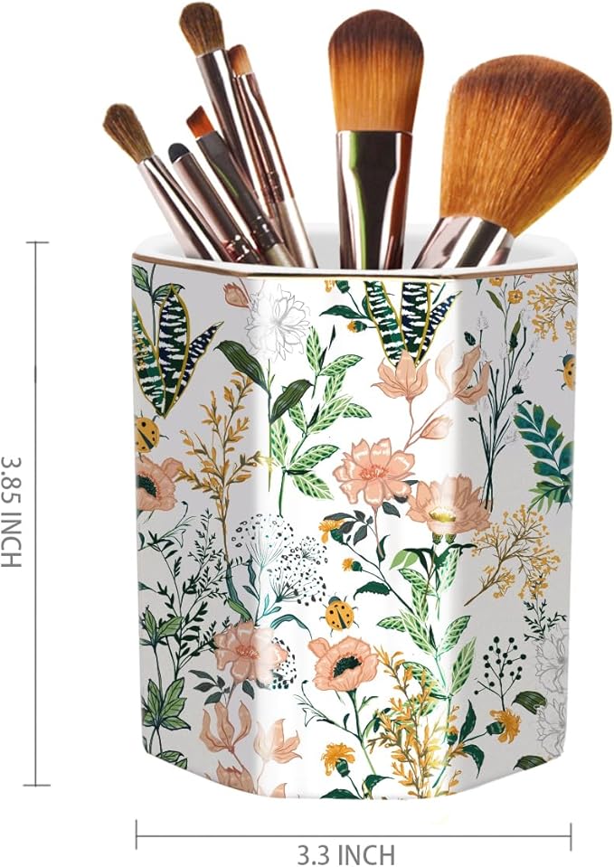 WAVEYU Cute Pen Holder for Desk, Ceramic Pencil Holder, Pen Cup Marker Holder Makeup Brush Holders, Desk Accessories & Workspace Organizers for Home, Office, White Flower