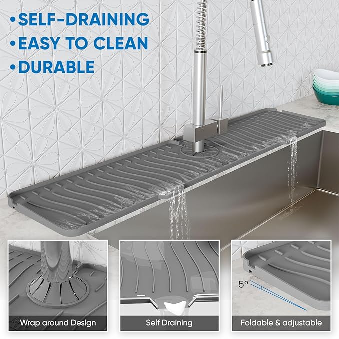 24 Inch Longer Faucet Mat for Kitchen Sink with Reusable Multi-Purpose Dish Washing Scrubber, 5° Slope Premium Kitchen Sink Splash Guard, Fast Self-Draining Silicone Mat (Grey)