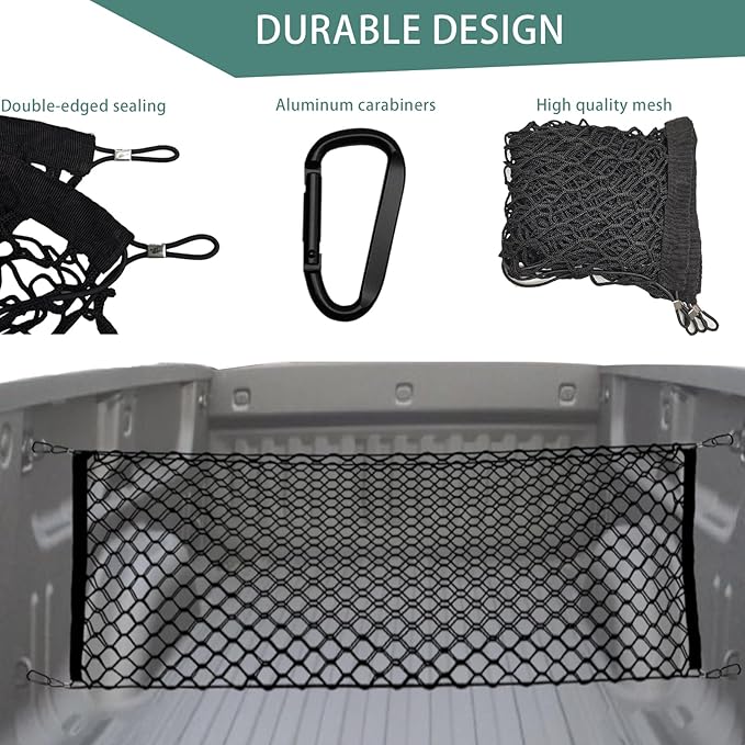 53 x 18 Inch Truck Bed Cargo Net - Heavy Duty Stretchable Car Organizer with Aluminum Carabiners, Universal Fit for Pickup Trucks SUVs Cars | Durable Elastic Vehicle Storage Accessory
