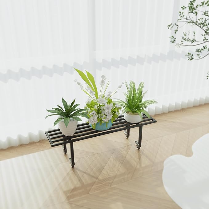 Zhongma One-Tier Metal Plant Stand with Wheels, (35.43 L x 8.66 W x 10.3 H) Heavy-Duty Plant Holder for Home, Window, Garden, Plant Lovers, Display Stand