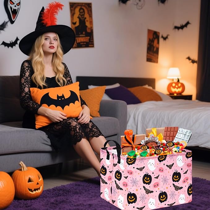 Rec Halloween Ghost Storage Basket Box Hamper Collapsible Organizer Bin Gift Shelf Baskets for Home and Kitchen Storage.