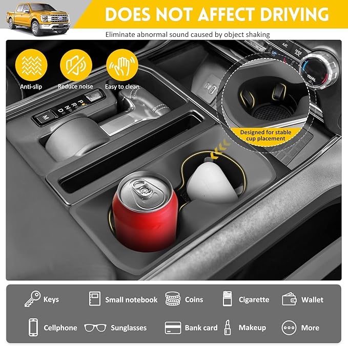 Cup Holder for 2021-2025 Ford F150 Center Console Cup Holder Insert Silicone Cupholder Coaster Liner for 2021 2022 2023 2024 2025 F-150 Truck Interior Accessories Black(Fit Bucket Seat Only)