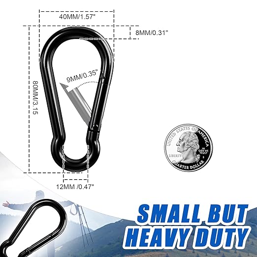 KINLINK 20 Pack Black Carabiner Clip, 3.15 inch Heavy Duty Spring Snap Hook, Small Carabiner Clips for Outdoor Camping, Swing Set, Hammock, Hiking Travel, Fishing, Quick Link Keychain