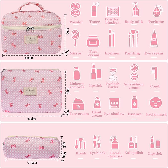Makeup Bag Set, Cute Cosmetic Bag for Women Girls, Floral Coquette Aesthetic Toiletry Bag, Travel Make Up Organizer Bag（Pink Check）
