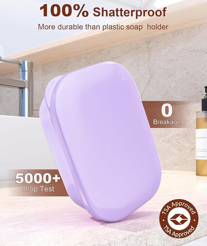 Quatish Leakproof Soap Dish with Lid & Draining Layer, Shatterproof Travel Bar Soap Holder Case Container, Portable Travel Size Toiletries Essentials for Camping, Gym, Bathroom, Purple
