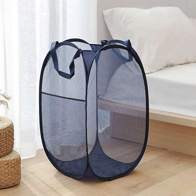 2 Pack Foldable Mesh Popup Laundry Hamper,Laundry Basket Easy to Open and Fold for Dorm,Travel, College Dorms, and More (Black and blue)…
