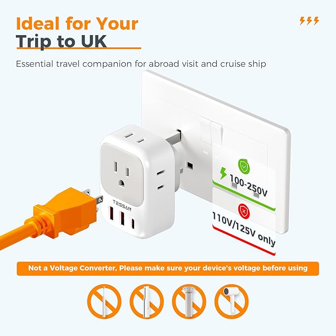 UK Adapters for Travel, TESSAN US to UK Ireland Plug Adapter 20W, Foldable Power Adapter with 4 Outlets 3 USB (PD 20W 1 USB C) Charger, Type G for USA to Scotland London England Hong Kong Dubai Ireland