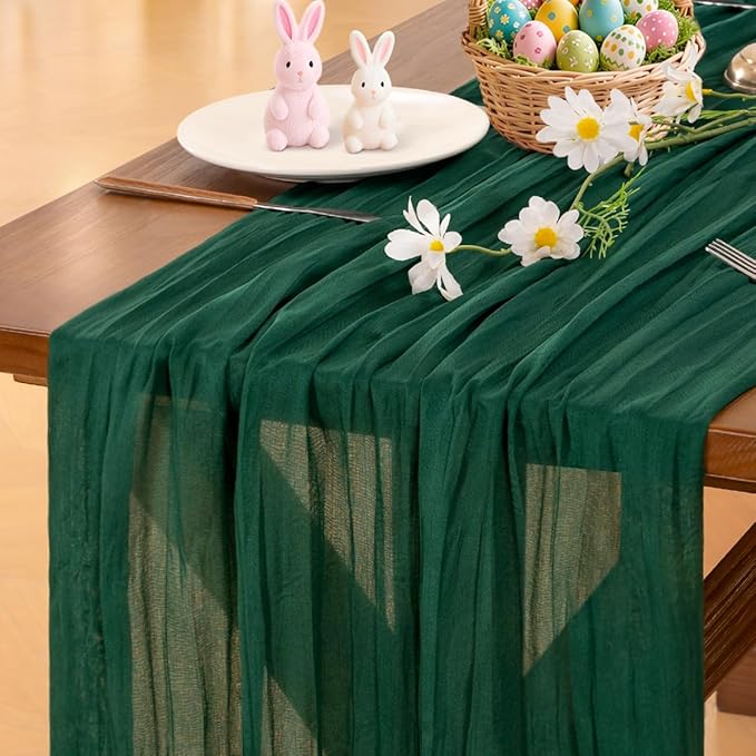 Socomi Emerald Green Cheesecloth Table Runner Summer Boho Rustic Gauze 120 inch 10FT Cheese Cloth Sheer Runner for Wedding Party Baby Shower Birthday Home Decor Holiday Decorations