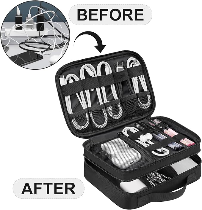MATEIN Electronic Organizer Travel Case, Small Double Layers Cable Organizer for Travel Accessories, Water Resistant Portable Tech Case for Phone, Cords, Charger, Earphone, Tech Gifts, Black