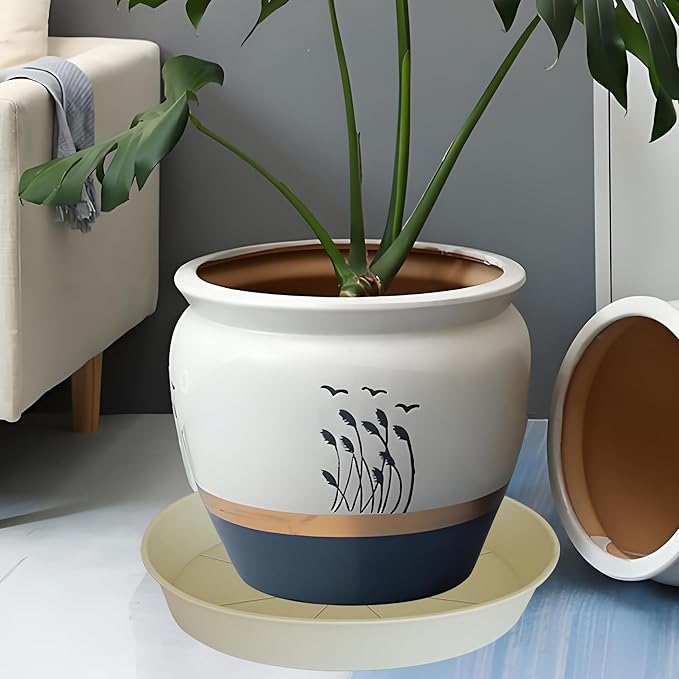 Bleuhome 4 Pack of 18 19 inch Plant Saucer Drip Tray (16.6 inch Base), Heavy Duty Deep Plant Saucers for Pots, Plastic Flower Planter Water Trays for Indoors Outdoor (19", Beige)