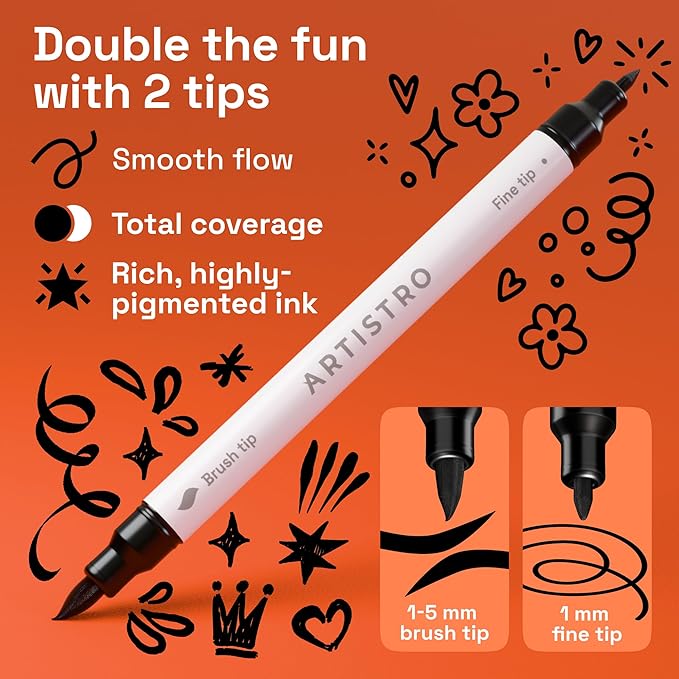 ARTISTRO 12 Black Acrylic Paint Markers - Paint Pens for Drawing, Brush + Fine Tips - For Fabric, Rock, Glass, Wood, DIY - Art & Craft Supplies for Adults, Teens, Kids - Teacher Appreciation Gift