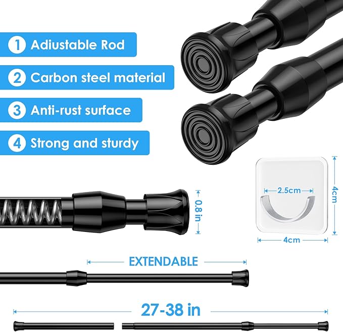2pack Tension Curtain Rod 27 to 38 Inch, Black Spring Tension Rods Curtain Rods Adjustable Spring Rod Extendable Tension Rod for Kitchen