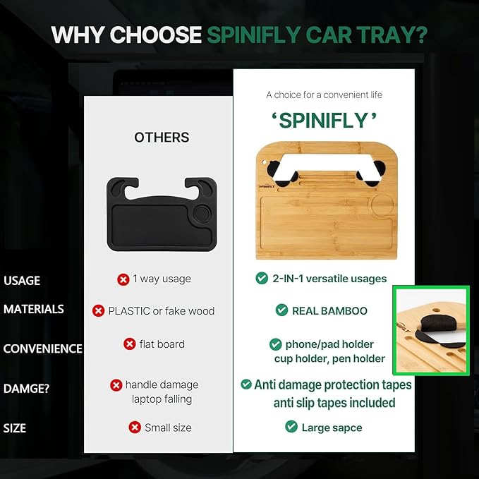 2 in 1 Steering Wheel Tray – Car Tray & Food Table – Car Essentials Double Sided Bamboo Car Desk for Laptop, Eating & Reading – Fits up to 17" Laptop