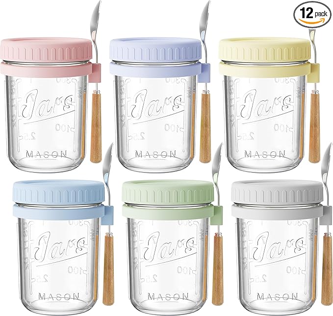 HomArtist 16oz Overnight Oats Containers with Lids and Spoons, 6 Pack Wide Mouth Mason Jars with Airtight Lids, Overnight Oats Jars for Salad, Chia Seed, Cereal, Yogurt
