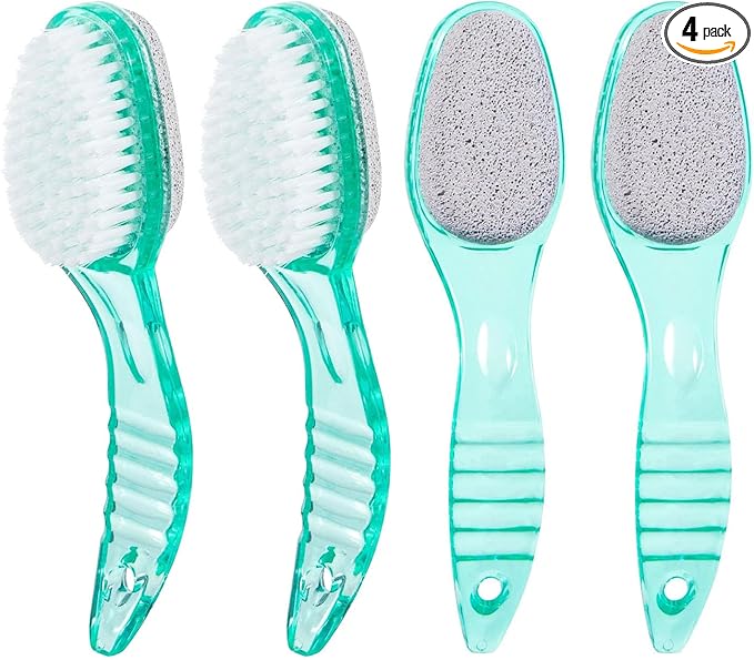 4 Pcs Foot Brush for Shower with Handle 2 in 1, Ooloveminso Large Foot Pumice Stone Brush Scrubber Foot File Calluses Remove Suitable for Horniness Foot Spa, Foot Care Smooth Skin (Green)