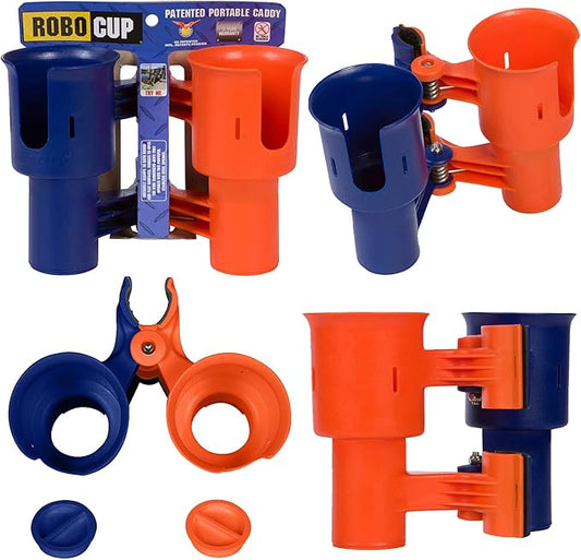 ROBOCUP, (Navy & Orange), Patented Clamp On Boat Cup Holder |Multifunction Dual Drink Caddy for Fishing Poles, Tools, Net, Gaff |Portable Storage for Boating, Beach, Umbrellas, Golf Carts, Strollers