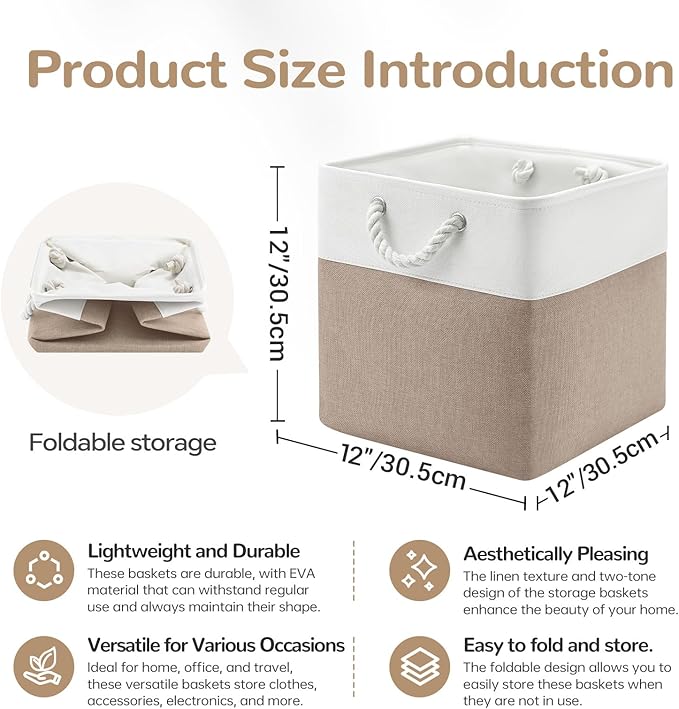 VQRTEXA 12 x 12 Inch Cube Storage Bins, 4 Pack Fabric Storage Basket with Handles, Foldable Boxes Organizer for Shelf Baskets for Home, Clothes (White/Khaki)