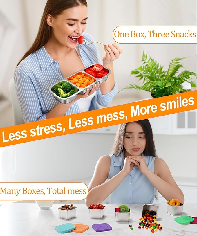 KTKUDY Stainless Steel Snack Container for Kids & Adults - Leak-Proof 3-Compartment Stackable Snack Lunch Box for Daycare, School, Work & Travel