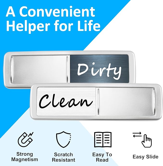 Dishwasher Magnet Clean Dirty Sign, Slide Strong Clean and Dirty Magnet Indicator for Dishwasher, Non-Scratch, Easy to Read, Self-Adhesive Stickers for Non-Magnetic Dishwasher（Darkblue White）