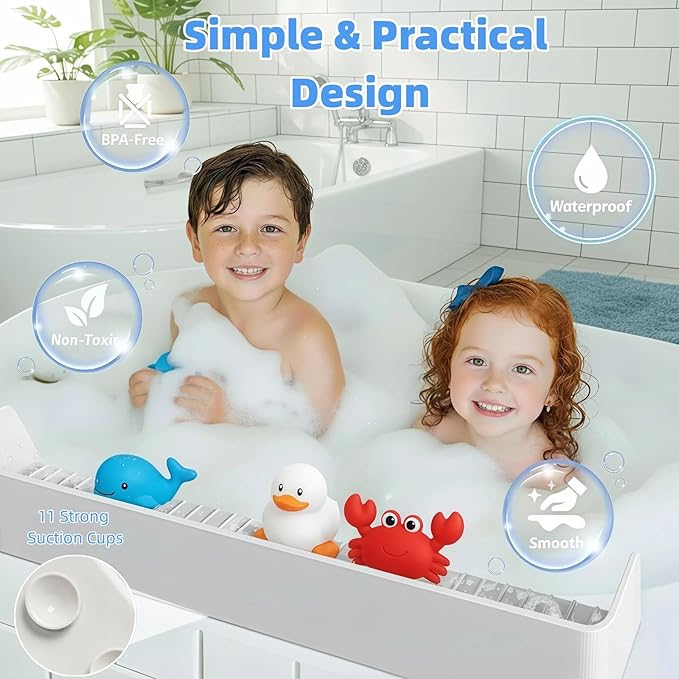 2.62FT Bathtub Splash Guard with Strong Suction Cups, Silicone Toy Tray Caddy Holder Storage for Kids, Water Leak & Splash-Proof, Suitable for Kitchen Sinks and Bathroom bathtubs（Grey）