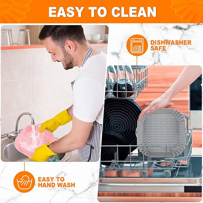 2 PCS Square Silicone Air Fryer Liners - 8 Inch Air Fryer Reusable Liners - Kitchen Accessories - AirFryer Inserts for 4 to 7 QT Oven Microwave Accessories (Grey + Pink)