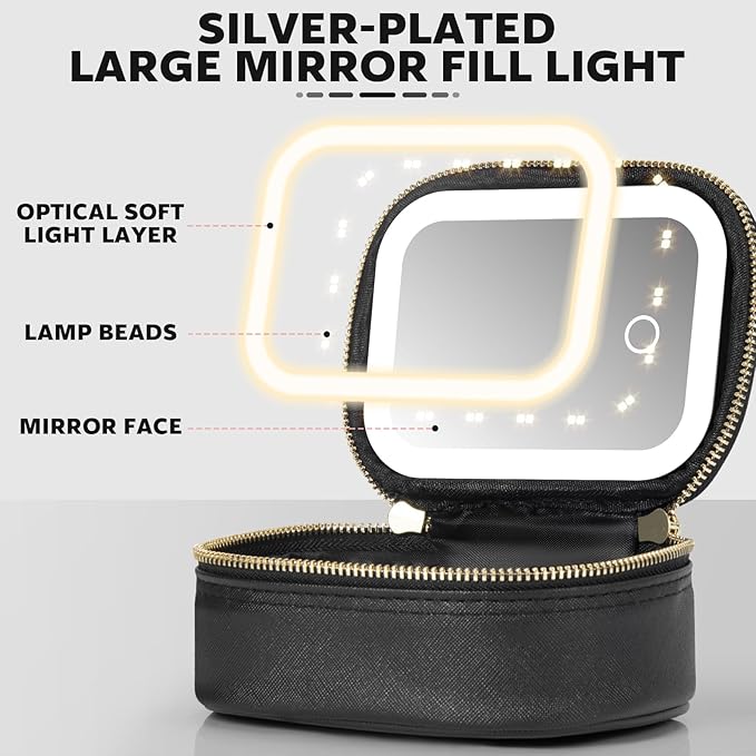 Small Makeup Bag with Led Mirror, Mini Travel Make up Bag 3 Light Modes Adjustable Brightness, for Women Organizer Cosmetic Bag, Portable Travel Train Toiletry Bag, for Pool Parties Work Touch-Ups