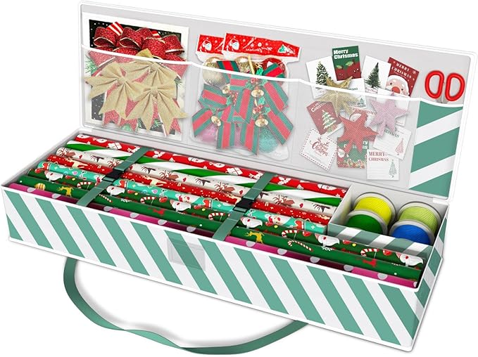 Safana Wrapping Paper Organizer Storage Bag, 42" Durable 600d Oxford Christmas Gift Wrapping Organizer Box Under Bed Storage Containers for Decorations Paper Rolls, Ribbons, Balls, Bows (Green Stripe)