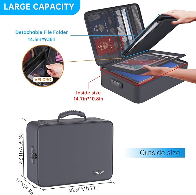ENGPOW 5200℉ Fireproof File Organizer Bag with 13 Pocket Accordion File Folder,Document Organizer Box with Lock&Labels,Multi-Layer Portable Home Travel Safe Storage Box for Important Documents,Gray