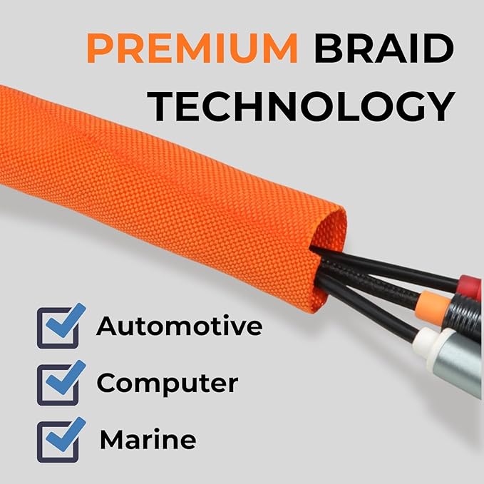 1-3/16 inch Split Braided Cable Management Sleeve for USB Cable Power Cord Audio Video Cable, Wire Loom Cord Protector from Cat Dog Chewing (Orange, 10FT)