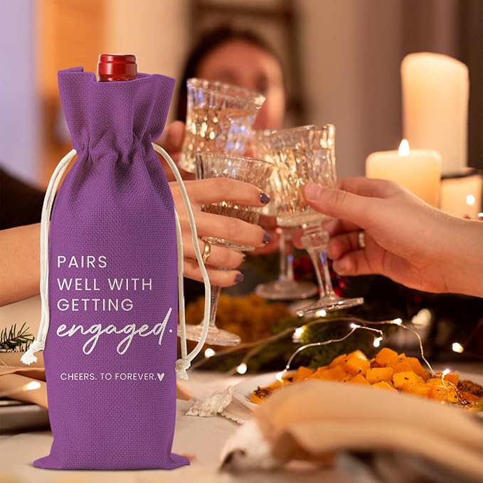 Engaged Gifts, Engagement Gifts for Couples Her, Engagement Party Decorations Gifts for Engaged Couple Wine Bag, Pairs Well with Getting Engaged Wine Bottle Bag（Purple）