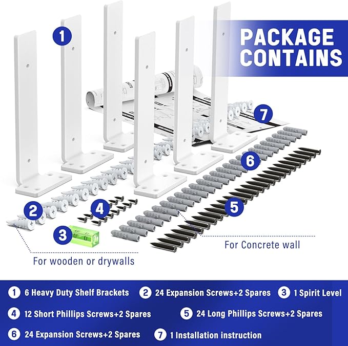 Goovilla Shelf Bracket, Heavy Duty Floating Shelf Brackets 10 inch Long, 6 Pack Brackets for Shelves, White Coated Metal Wall Shelf Support Brackets with 1/5 Inch Thick and 160 lb. Load Capacity