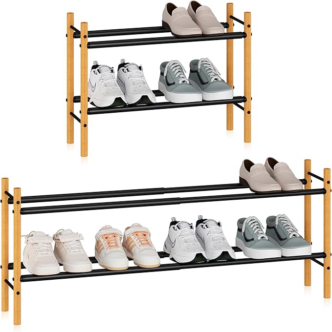 STORAGE MANIAC Expandable Shoe Rack, 8 Pairs Stackable Small Shoe Rack, Metal Adjustable Shoes Organizer for Closet, Entryway, Hallway, Garage, Front Door, Shoe Shelves, Bamboo 2 Tier