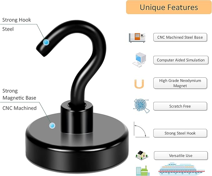 Neosmuk Magnetic Hooks Heavy Duty, 10lb Strong Magnet with Hook for Fridge, Super Neodymium Extra Strength Industrial Hooks for Hanging, Magnetic Hanger for Toolbox, Cruise, Grill (Matte Black, 6 Pack)