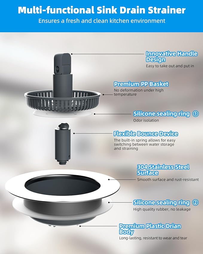Hibbent 3-in-1 Kitchen Sink Drain Strainer and Stopper Combo, Chrome Stainless Steel Wrapped Shell, Anti-Clogging Basket Strainer with Foldable Handle for US Standard 3-1/2" Drain